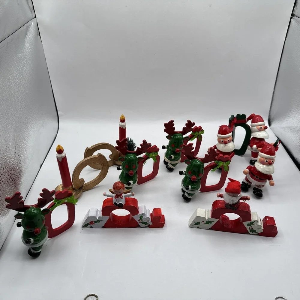 11 Vintage Christmas Ugna Kitschy Wooden Santa Reindeer Figural Napkin Rings